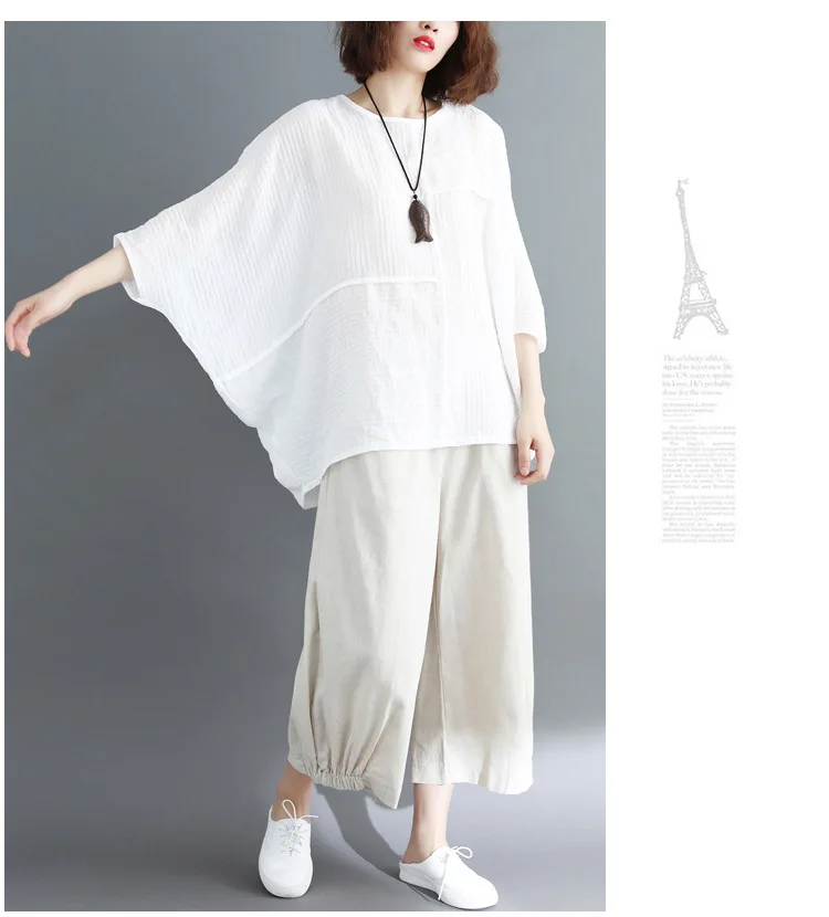 LZJN Summer Women Fashion Shirt Solid White Black Color Oversize Loose Tops Batwing Sleeve Casual Cotton Linen Blouse Plus Size (10)