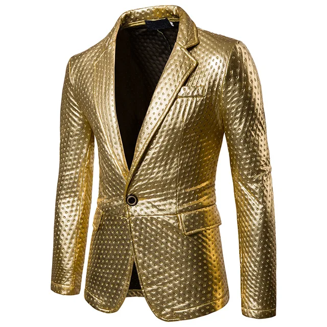 Gold suit Mens Dot Embossing Casual PU Leather Blazer 2017 Winter