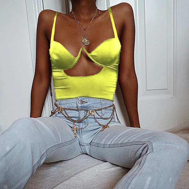 

BKLD New Fashion Neon Yellow Satin Bodysuit Women Spaghetti Strap Summer Sexy Backless Hollow Out Bodycon Short Jumpsuit Overall