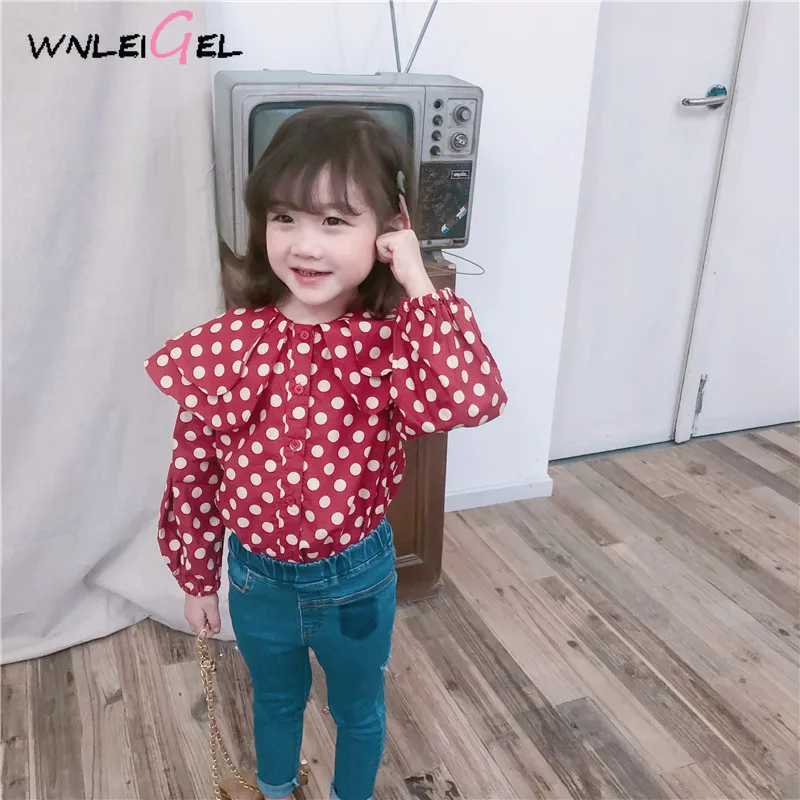 

WLG girls spring dot blouses kids girl red big turn down collar long sleeve casual shirts baby all match clothes children