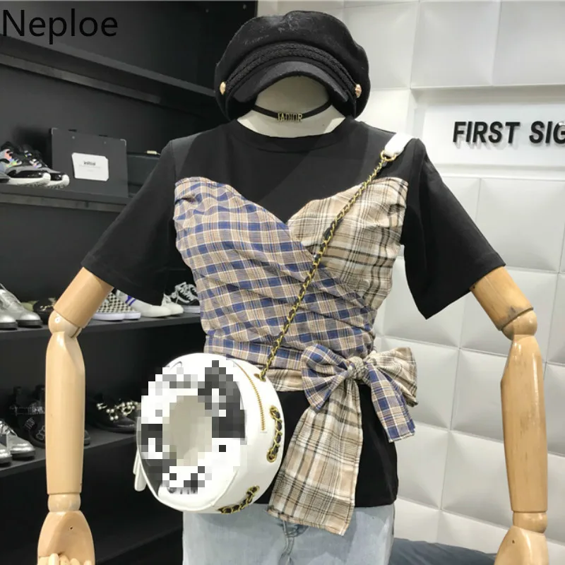 Neploe контрастный цвет клетчатый полосатый женские футболки Летние Ретро с