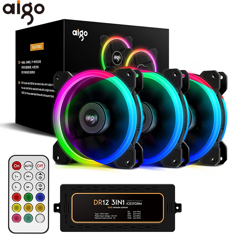 Aigo DR12 120 мм кулер вентилятор двойной Aura RGB PC Вентилятор охлаждения для компьютера бесшумный игровой чехол с ИК-пультом дистанционного управления am3 am4