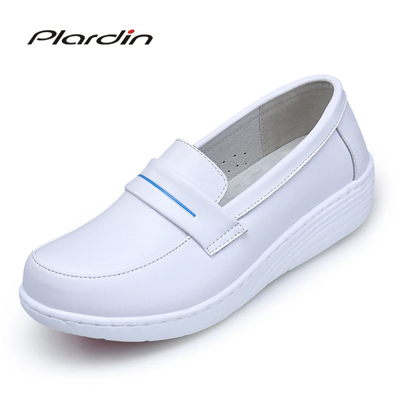 

Plardin Four Seasons Woman White Nurse Shoes Women Platform Soft Comfortable Air Cushion Casual Genuine Leather Antiskid Shoes
