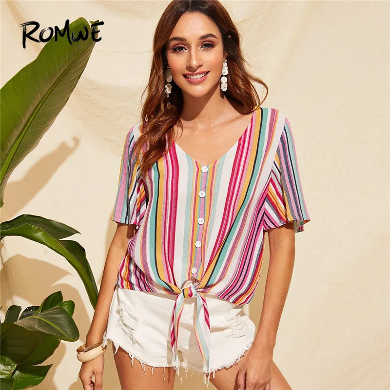 

ROMWE V Neck Short Sleeve Tied Hem Thin Casual Striped Blouse Women Summer Multicolor Colorblock Stripe Shirts 2019 Fashion Tops