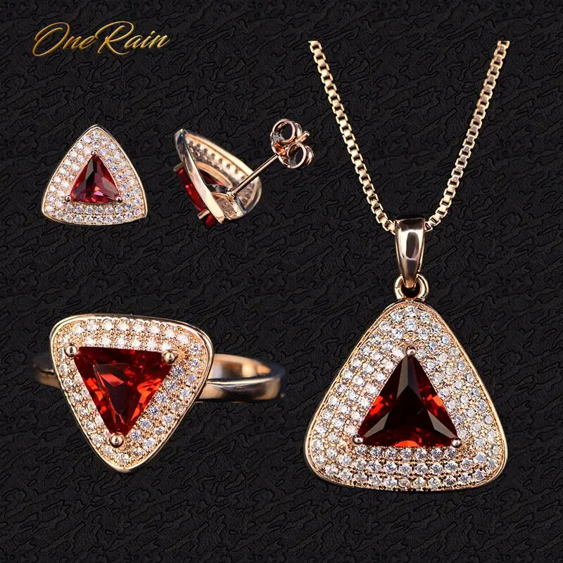 

OneRain Vintage 100% 925 Sterling Silver Ruby Gemstone Rose Gold Plated Earrings Studs Ring Necklace Jewelry Sets Wholesale