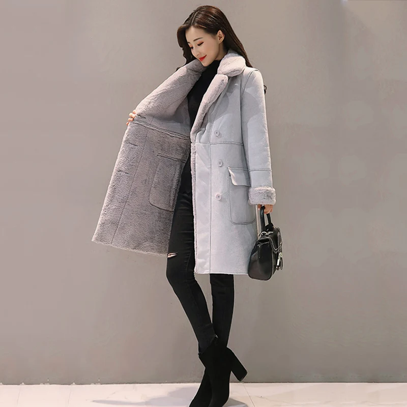 Женское замшевое меховое пальто, Толстая теплая длинная куртка из искусственной овчины, Женское пальто, зимнее модное однотонное пальто, Прямая поставка