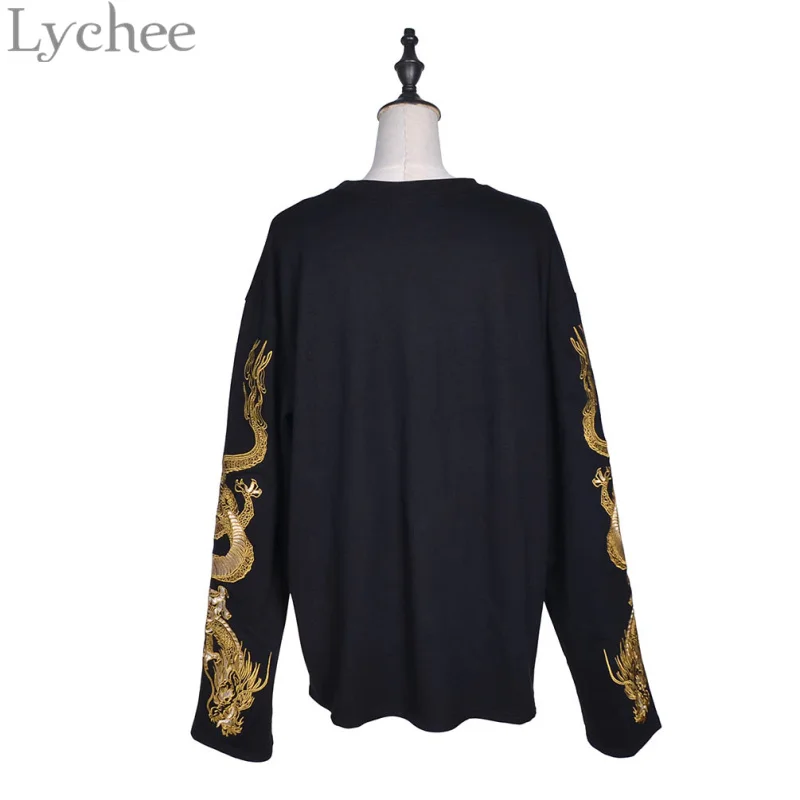  Lychee Harajuku Punk Gothic Women Sweatshirt Dragon Embroidery Casaual Loose Long Sleeve Pullover T