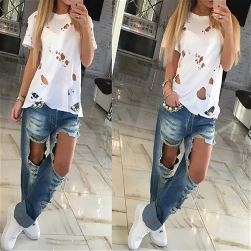 Women’s Short Sleeve Ripped T-Shirt, Black/White, Fashion Holes O Neck Tee Tops by Helisopus image 3