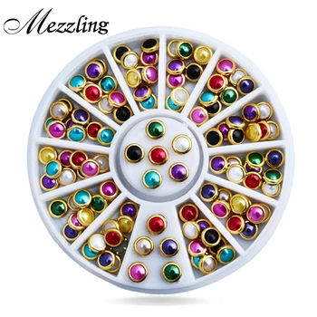 

Hot Sale Colorful Half Round Nail Pearls with Metal Studs Rhinestones Wheel Nail Decoration Supplies