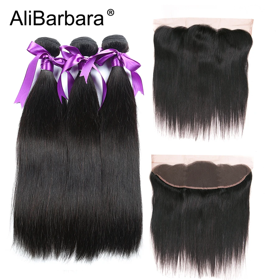 Alibarbara Straight Hair Bundles With Frontal Non-Remy Human Hair Bundles With Closure Peruvian Hair Weave Bundles With Closure