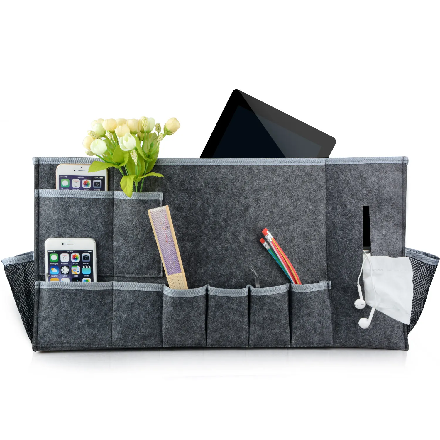 

12 Pocket Felt Bedside Caddy Table Cabinet Storage Organizer for Headboards Bed Rails Dorm Rooms Bunk Beds Apartments