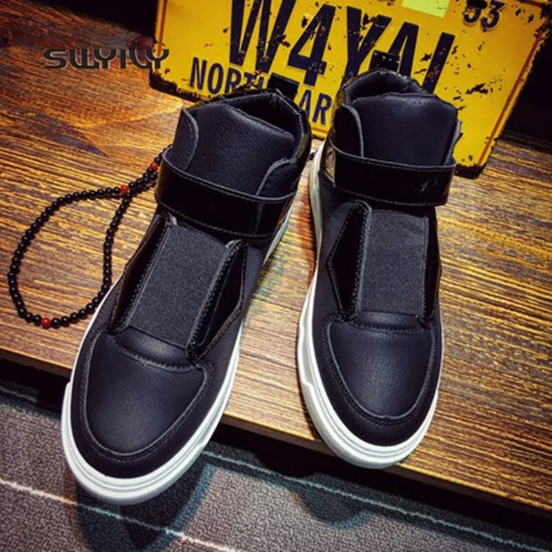 

SWYIVY High-top Men Sneakers Hook&Loop Leather Men Skateboarding Shoes 2018 New Hard-wearing Hip pop Males Sakteboard Shoes