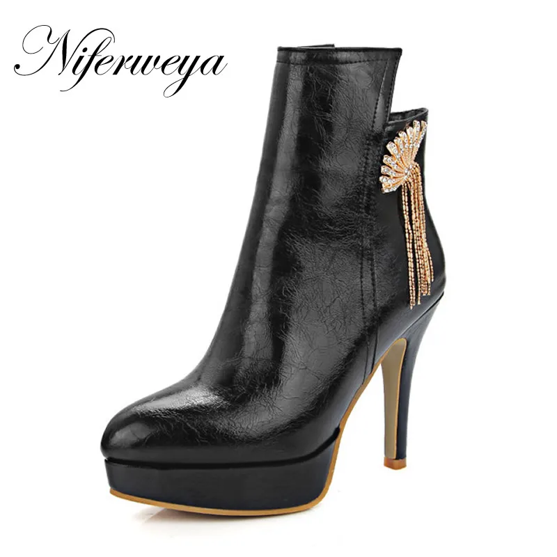 

2016 Fashion winter women short boots sexy Pointed Toe platform high heels big size 32-46 solid PU zipper Ankle boots