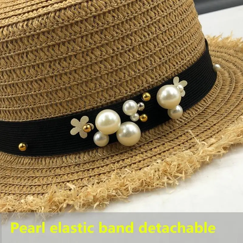 Lovely Flat Top Straw Hat Summer Spring Women'S Trip Caps Leisure Pearl Beach Sun Hats Breathable Fashion Flower Girl Hat