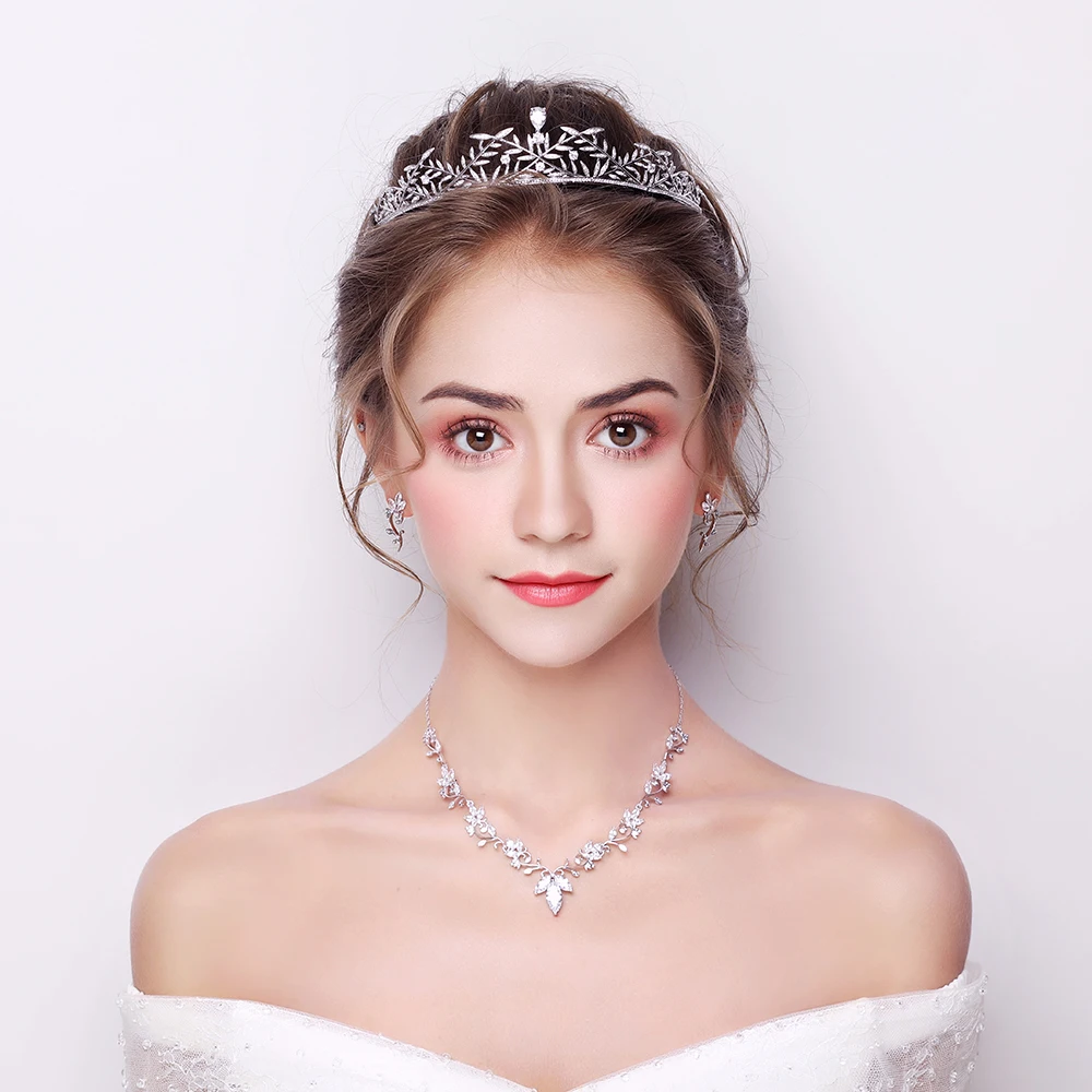 

Modest Cubic Zirconia Jewelry Sets Bridal Zircon Tiara Crown Wedding Hair Decoration Necklace Earrings Jewellery Gifts for Women