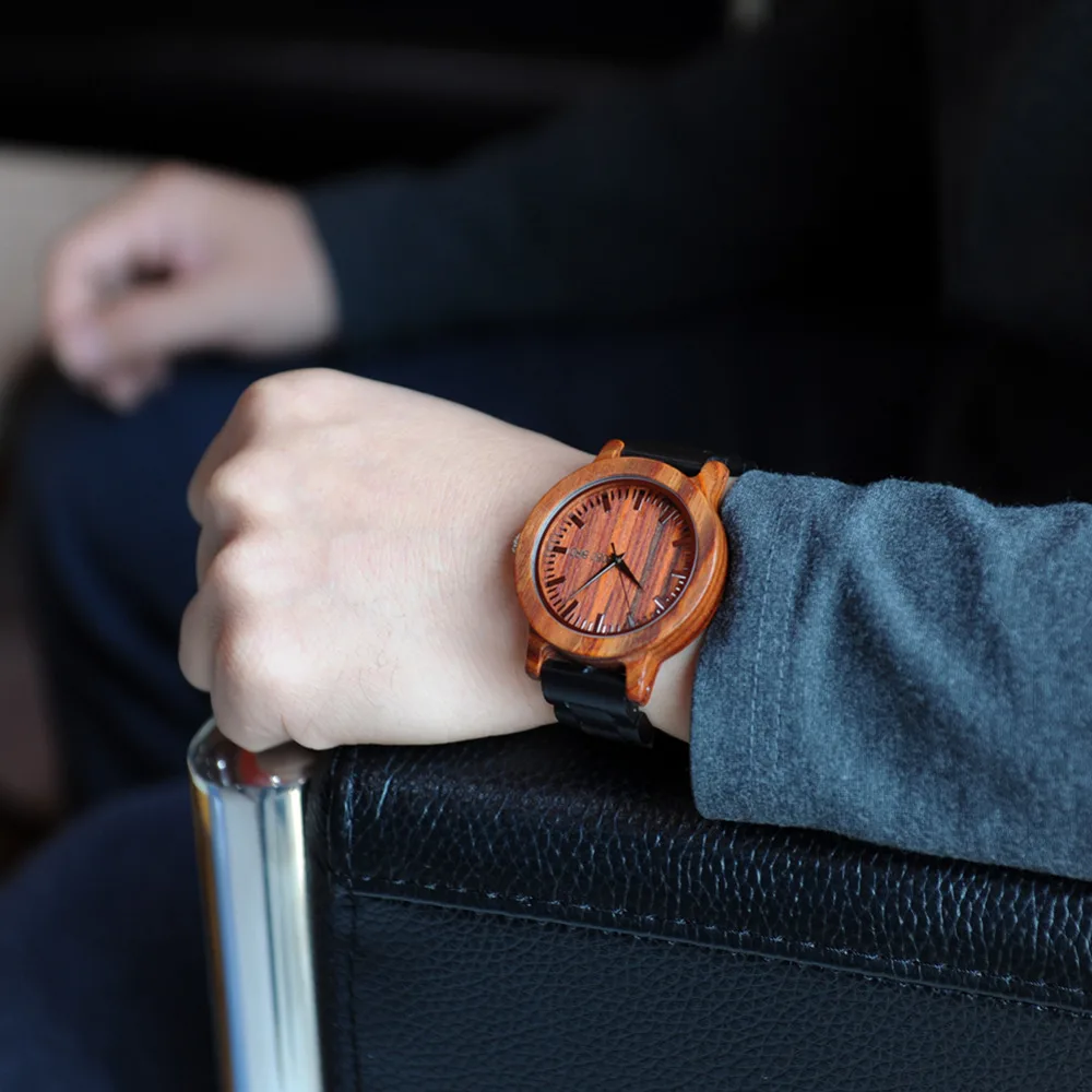 BOBO BIRD LM05 Men Red Sandalwood Dial Ebony Strap Vintage Style Watch Erkek Quartz Clock in Gift Box