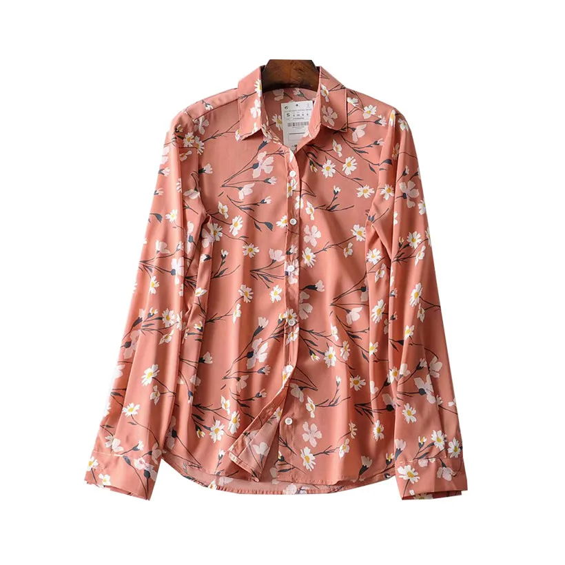 Women sweet flower print pink blouse long sleeve turn-down collar fashion style shirt casual female chic tops blusas