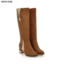 NEMAONE/Новые осенне-зимние женские сапоги до колена на Высоком толстом каблуке женские модельные туфли черного, серого, коричневого цвета женская обувь большого размера 42, 43
