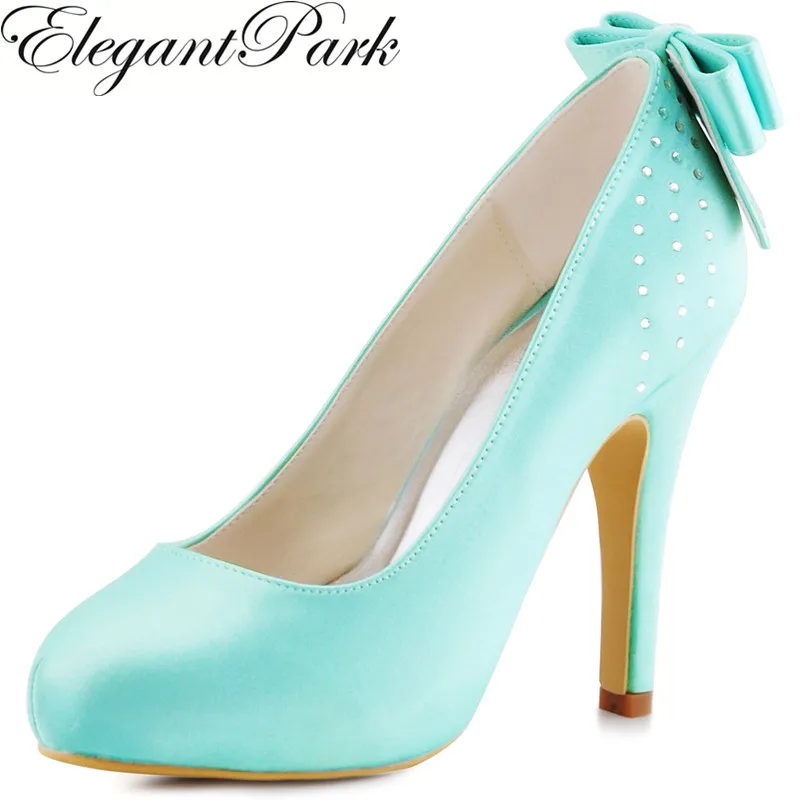 

Woman Pumps High Heel Wedding Bridal Shoes Mint green Rhinestones Bow Satin Ladies Bridesmaid Prom Party Dress Shoes EP11034