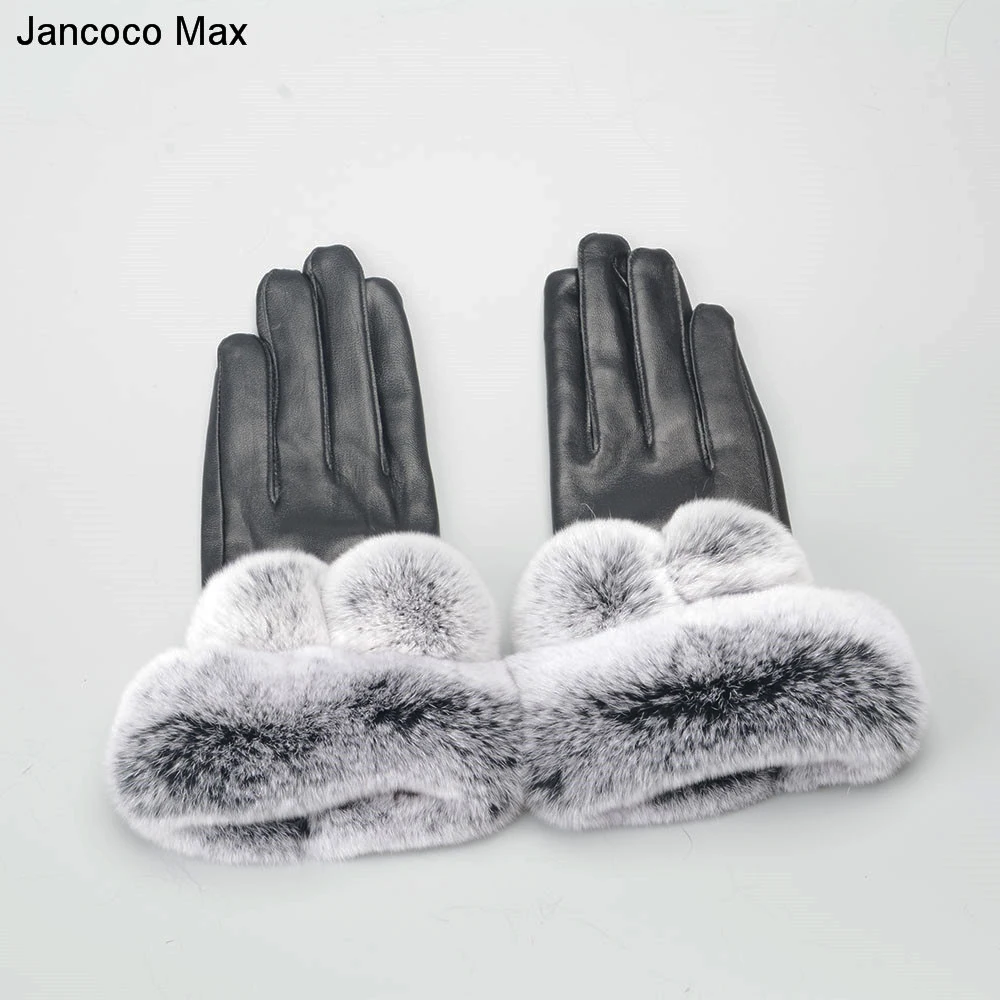 Jancoco Max 2019 Прихватки для мангала для женщин сенсорный экран Новый Зимние теплые 100% из натуральной овечьей кожи Rex помпоны из кроличьего меха