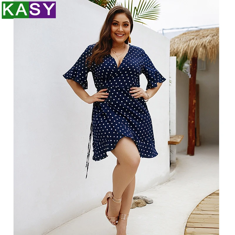 

Sexy Polka Dots Short Slim Blue Summer Dress 2019 V neck Hot Flare Sleeve XL 2XL 3XL 4XL Outerwear Casual Dress with Ties