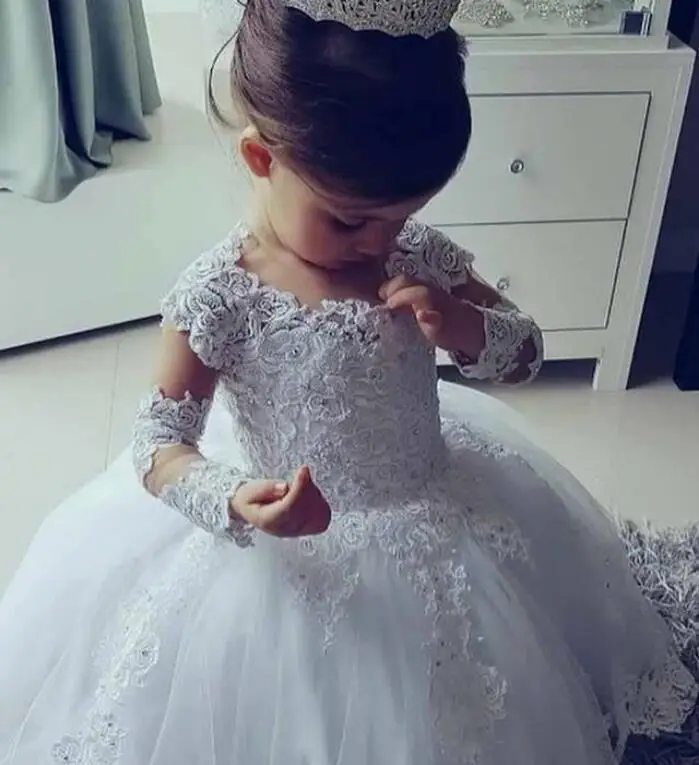 Бальное платье принцессы с длинными рукавами; Платья с цветочным узором для девочек; потрясающее милое белое платье для первого причастия с аппликацией из бисера для девочек