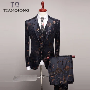 

2019 Men Slim Fit Wedding Suits Fashion Design Mens Floral Print Suits Party Dinner Prom Wear Latest Coat Pant Vest Designs