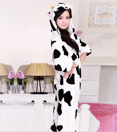 Cute Cartoon Animal Milk Cow Onesie for Adults One Piece Women Men Unisex Cos Pajamas FlannelCoral Fleece Hooded Sleepsuit