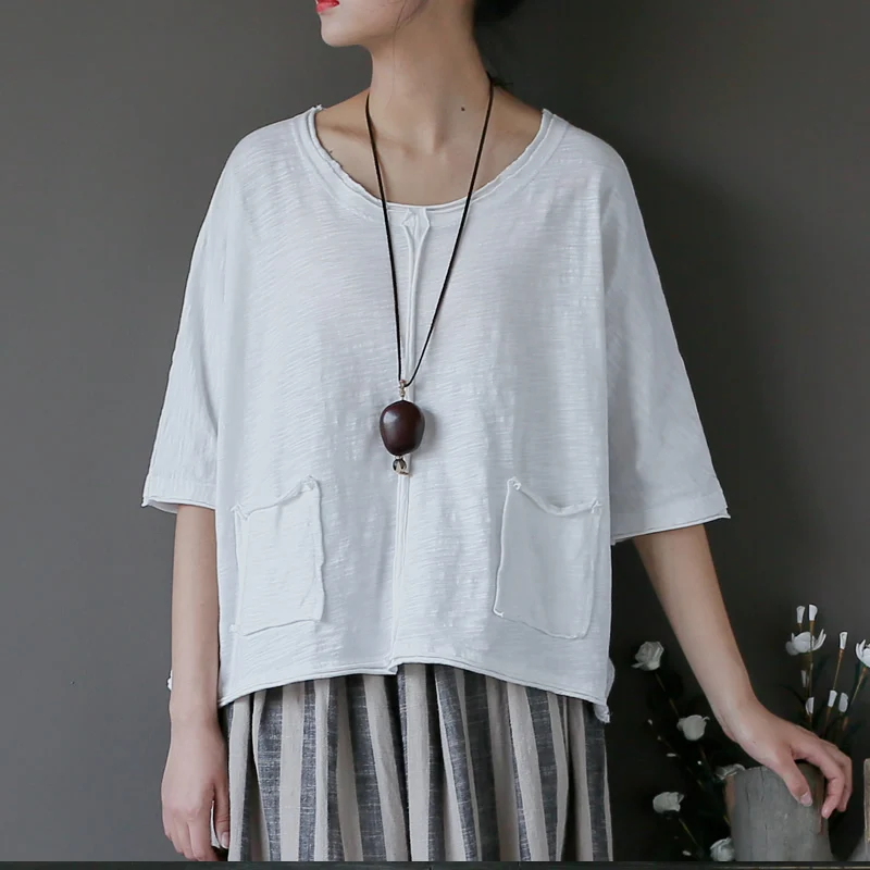 

O-neck Solid Cotton Tshirt Women Loose Casual Novelty Design T-shirt White Fashion Brand Kawaii T shirt Women Tee Tops A222