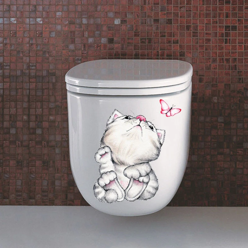 Забавные наклейки для туалета с кошкой, украшение ванной, сделай сам, мультяшный котенок, животное, 3d отверстие, Настенная роспись, искусство, ПВХ, наклейки для дома