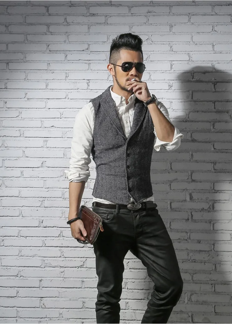 Męskie marki bez rękawów kurtka kamizelka męska garnituru moda męska brytyjski styl Slim Woolen bawełna Single breasted Vintage kamizelka -