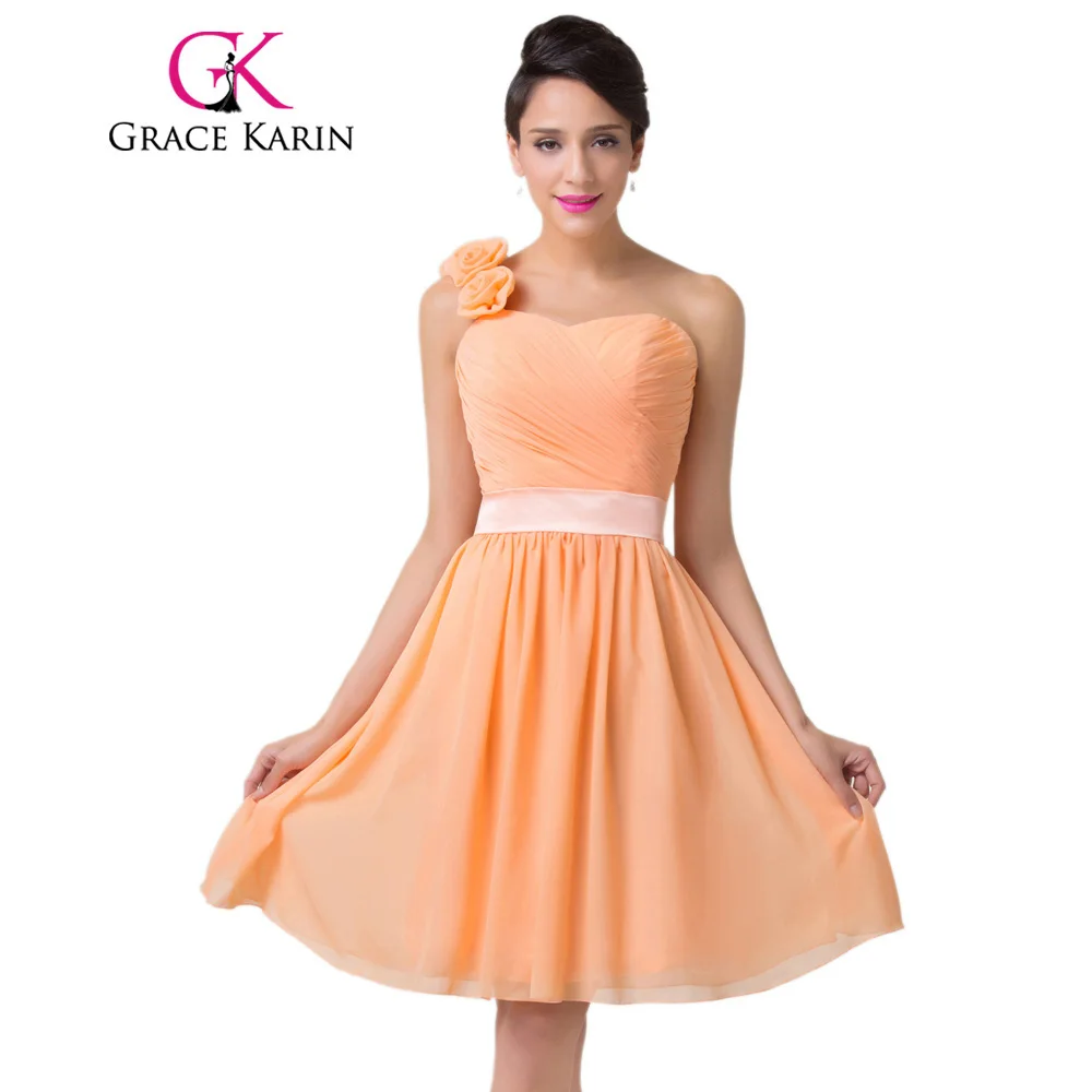 One shoulder Ruched Orange Chiffon Knee Length Short Bridesmaid Dresses