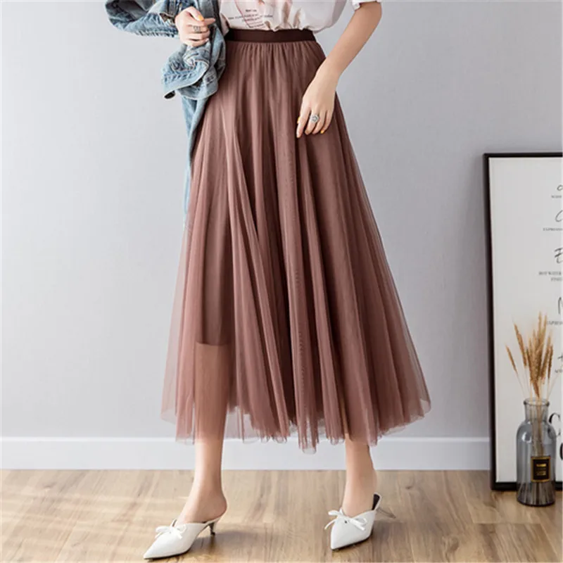 RUGOD модная однотонная сетчатая юбка для женщин, Повседневная Эластичная высокая талия, длинные юбки, Женская Корейская весенне-летняя юбка, tule rok dames