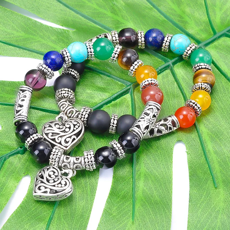 

SA SILVERAGE Colorful Yoga Bracelet Handmade Beaded Men's Heart Pendant Natural Stone Men Energy Trendy Handset Strand Bracelets