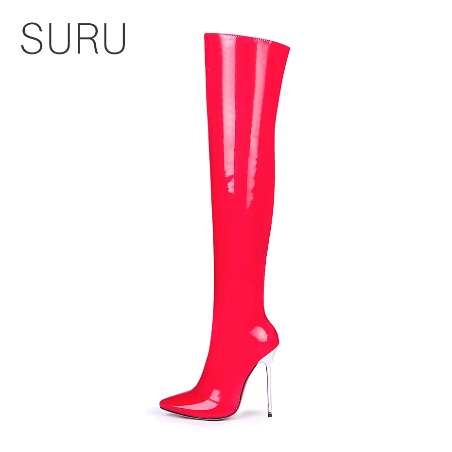 

SURU 125mm Metal Thin High Heels Over The Knee High Boots Women 5 Inches Thigh Long Boots Red/Black Big Size 41 42 43 US 9 10 11