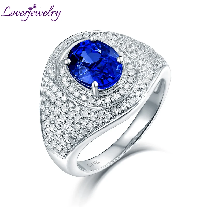 

2019 Female Ring Luxury Design Real 14K White Gold Diamond Blue Sapphire Anniversary Ring For Women Stylish Fine Jewelry Gift