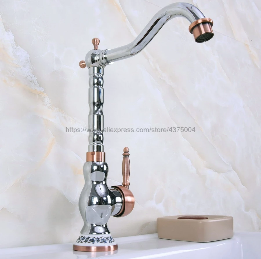 Deck Mounted Bathroom Basin Single Handle Faucet Polished Chrome And Red Copper Hot and Cold bathroom Sink Rotable Tap Nnf907