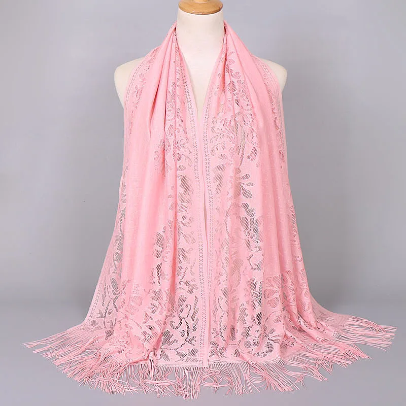 Женские хиджабы дамы кисточкой Кружева длинный платок Женский Повседневный широкий шарф хиджаб простой мусульманский исламский платок Рамадан YS454 - Цвет: Pink