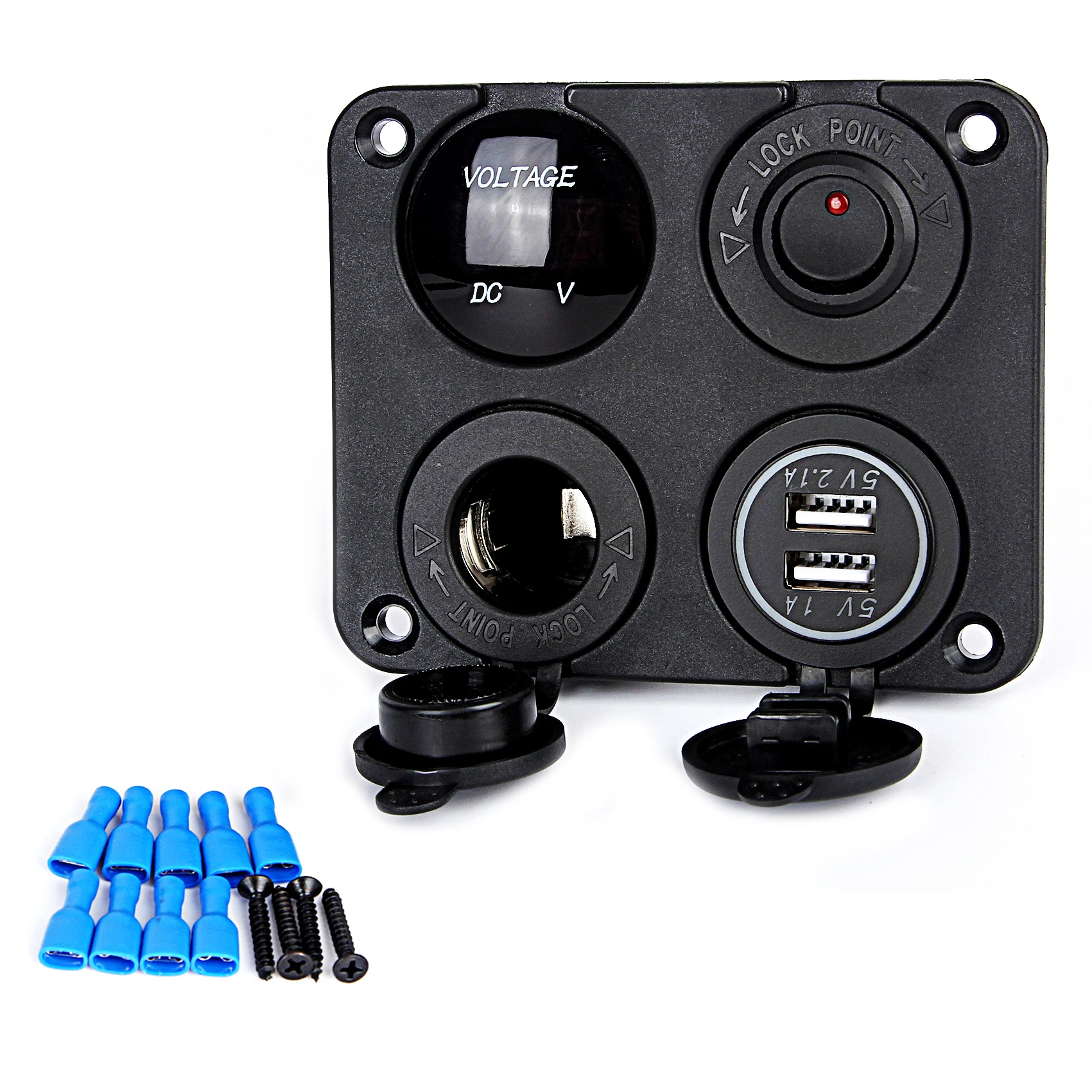 

4 Hole Panel Base Dual USB + Voltmeter Meter Power Socket Cigarette Lighter Button Switch Car Truck Boat Motorcycle Accessories