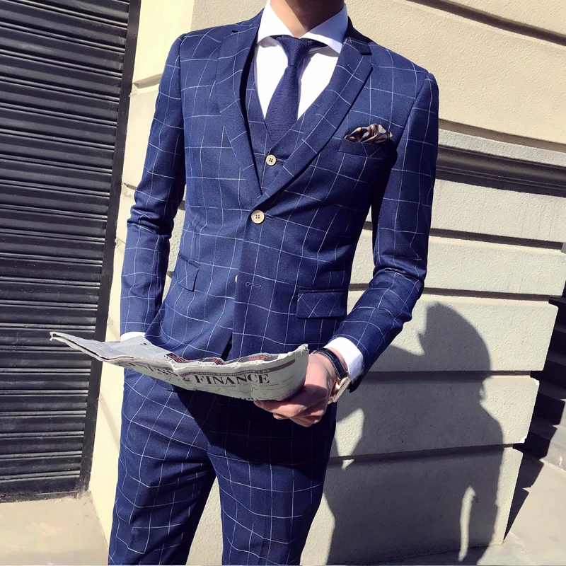 2019 Two Buttons Plaid Stripe Men Skinny Business Casual Suits Custom Made Smoking Costume Homme Wedding Tuxedo | Мужская одежда