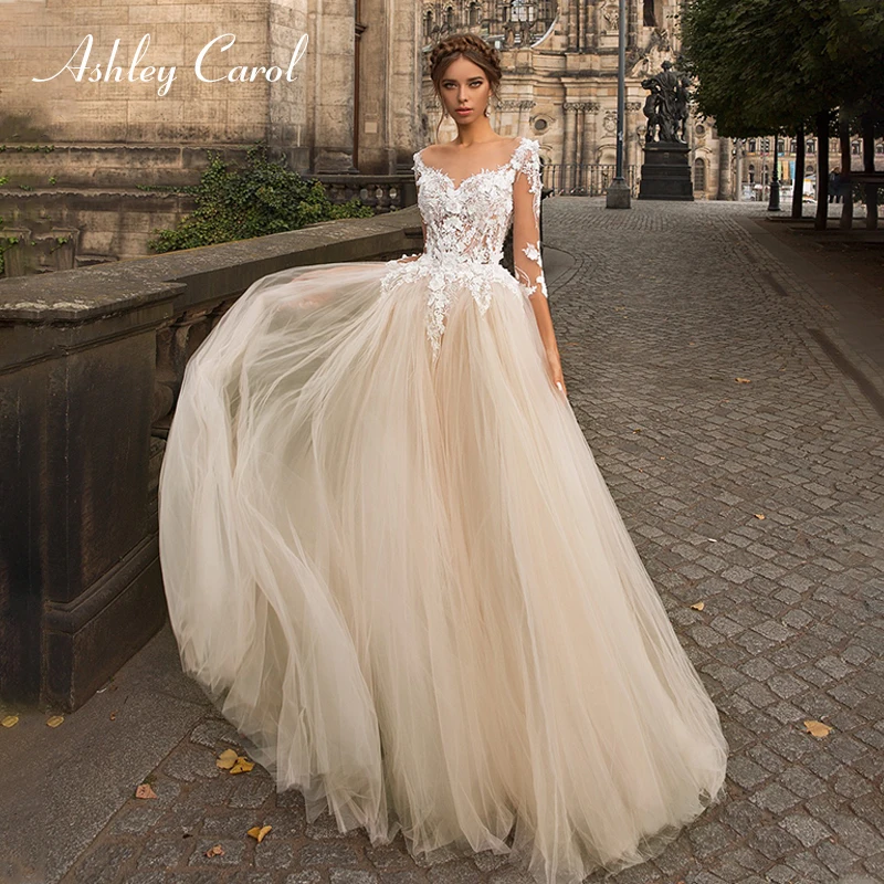 

Ashley Carol Sexy V-neck Long Sleeve Tulle Wedding Dresses 2019 Appliques A-Line Princess Bridal Dress Simple Wedding Gowns