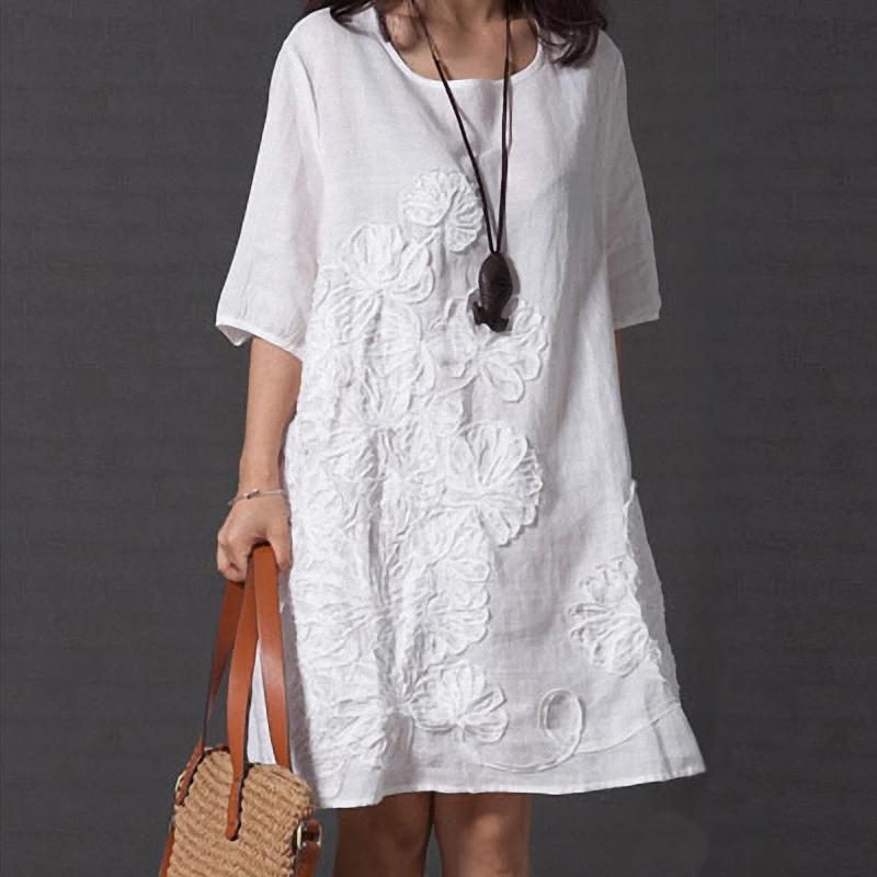 Китайское этническое народное женское платье летнее с круглым вырезом однотонное пляжное повседневное свободное платье с коротким рукавом и аппликацией Новая мода - Цвет: White