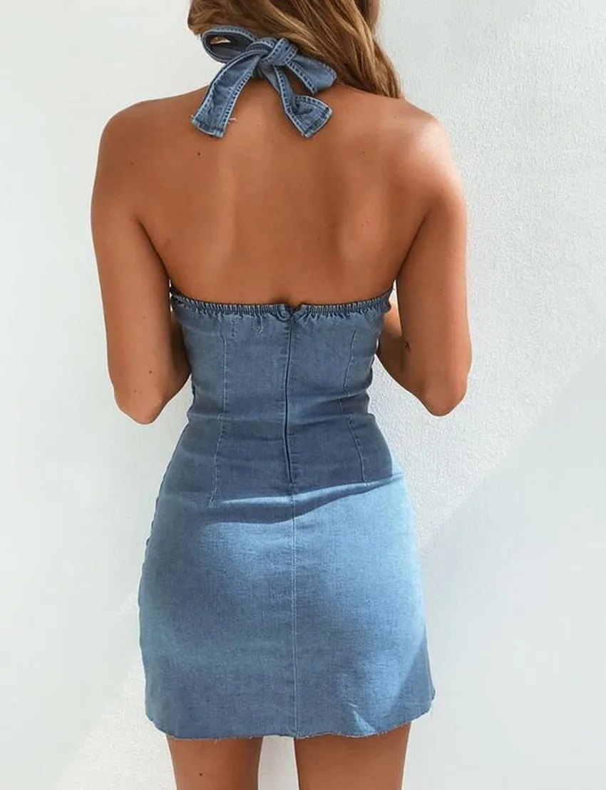 UK Sexy Halter Womens Slim Temperament Dress Summer Vintage Button Denim Bodycon Casual Jeans Halterneck Mini Dress