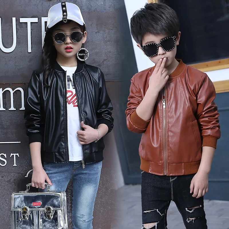 

Spring Children Genuine Leather Jacket Boys Autumn Leather Coat Girls Spring Pu Jacket Children Solid Casual Outerwear 3T-14T