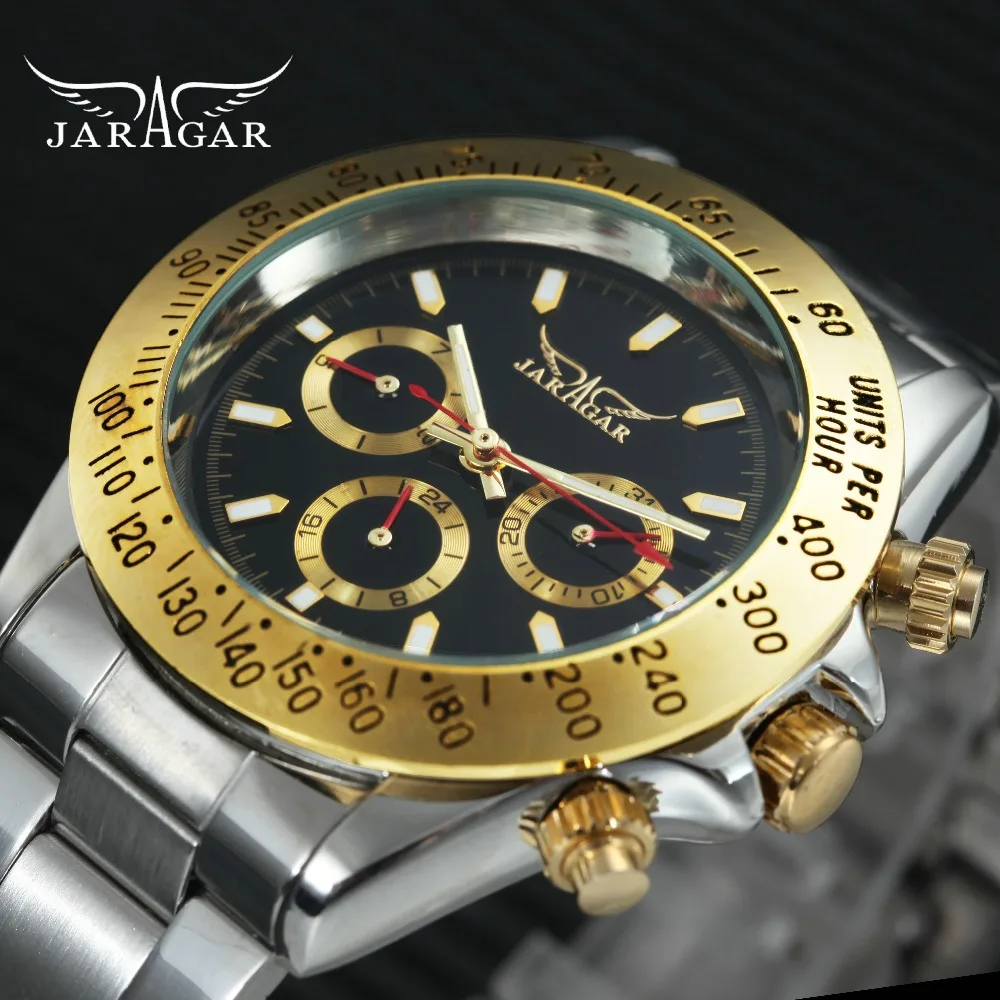

JARAGAR Golden Mens Watches Top Brand Luxury 6 Hands 3 Sub-dials Calendar Auto Mechanical Stainless Steel Strap Wrist Watch