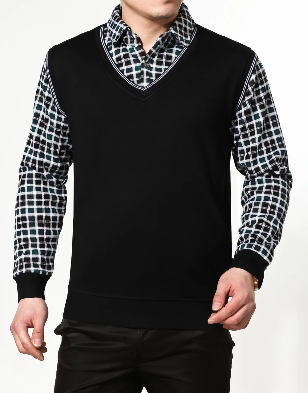 Высокое Качество Осень Новая мода плед мужские поддельные рубашки воротник свитер