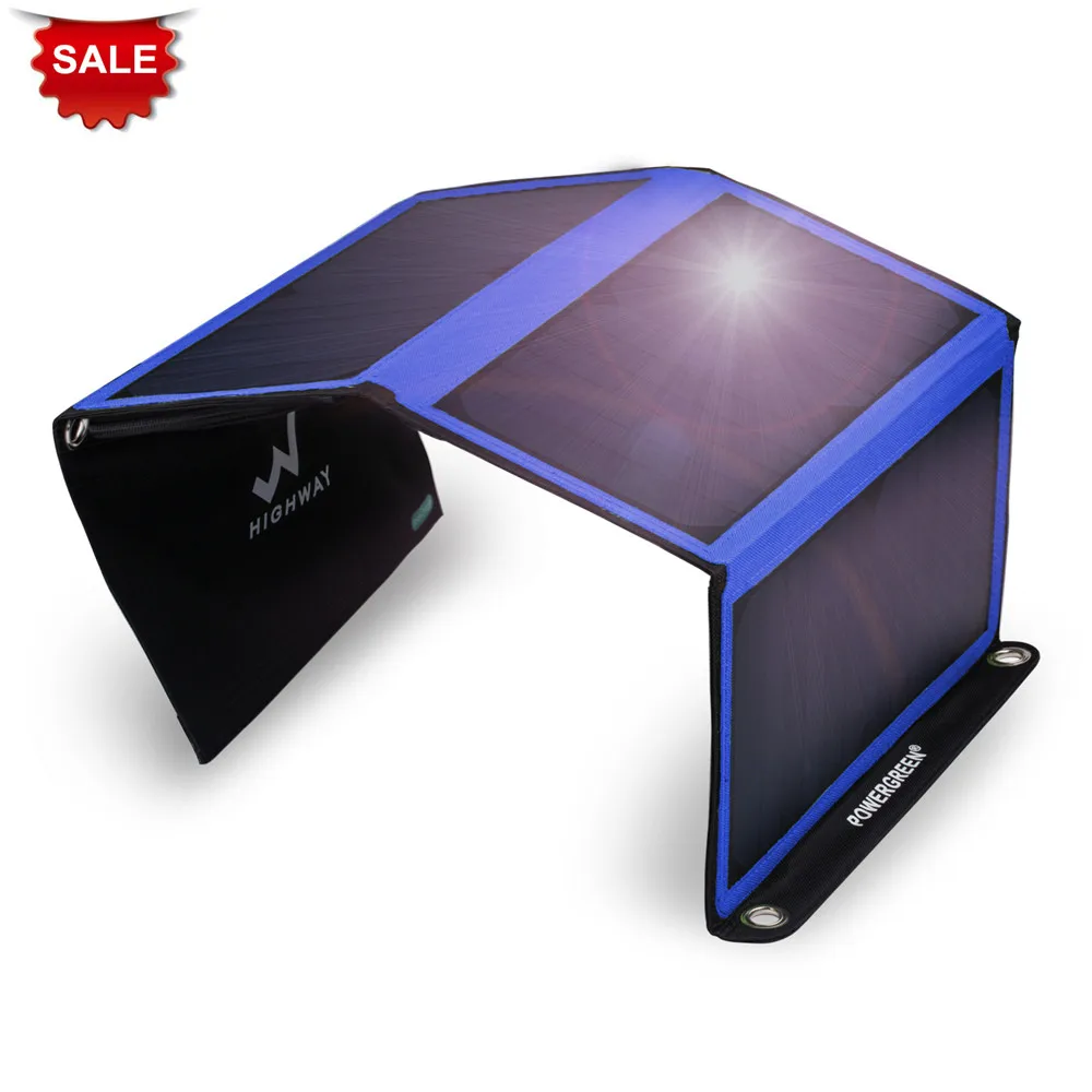 

PowerGreen Double USB Solar Charger 21 Watts Carabiner Design Foldable Solar Power Backpack 5V 2A Solar Cell Panel for Phone