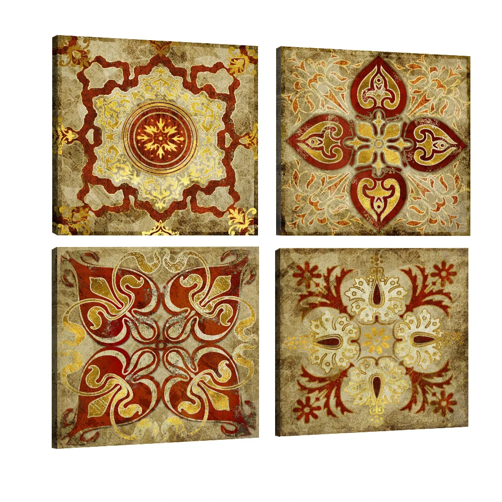 

4 piece canvas art Moroccan style Gold national decoration pattern India home decor painting canvas pictures for living room