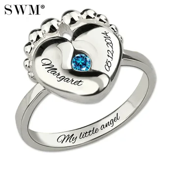 

Custom Letter Baby Feet Birthstone Rings for Women Costume Name Ring 925 Sterling Silver Personalized Present for New Mom Bijoux