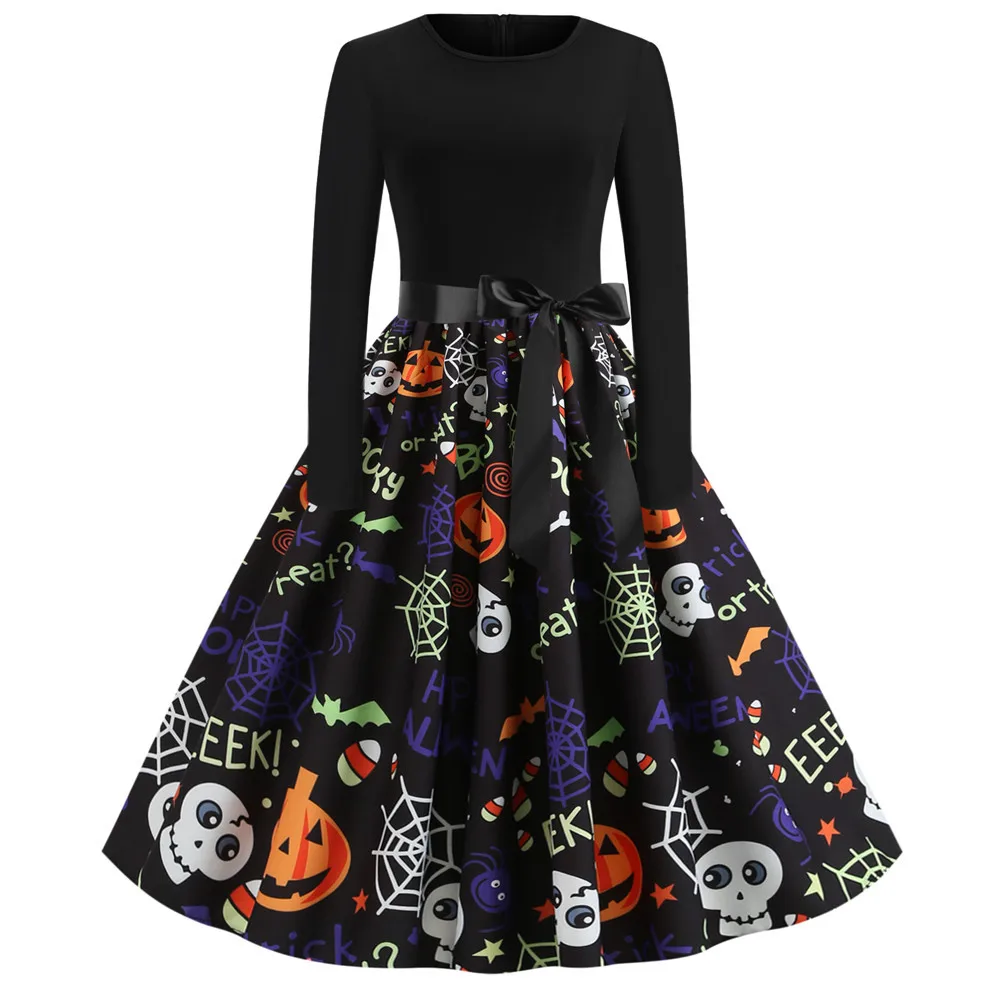 

Robe Pin Up Vintage Dress Autumn Summer 2019 Skull Print Halloween Dress for Women Long Sleeve Nightmare Party Dresses Big Swing